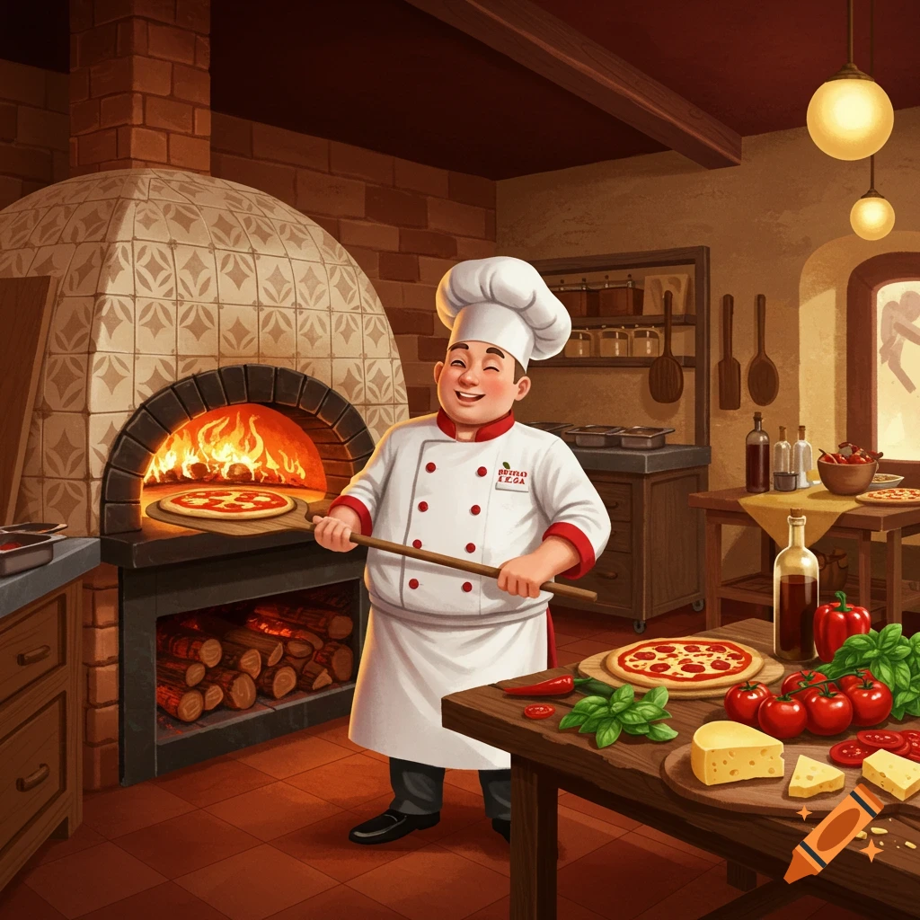 A cheerful chef bakes pizzas in a brick oven, surrounded by fresh ingredients in an illustrative style.