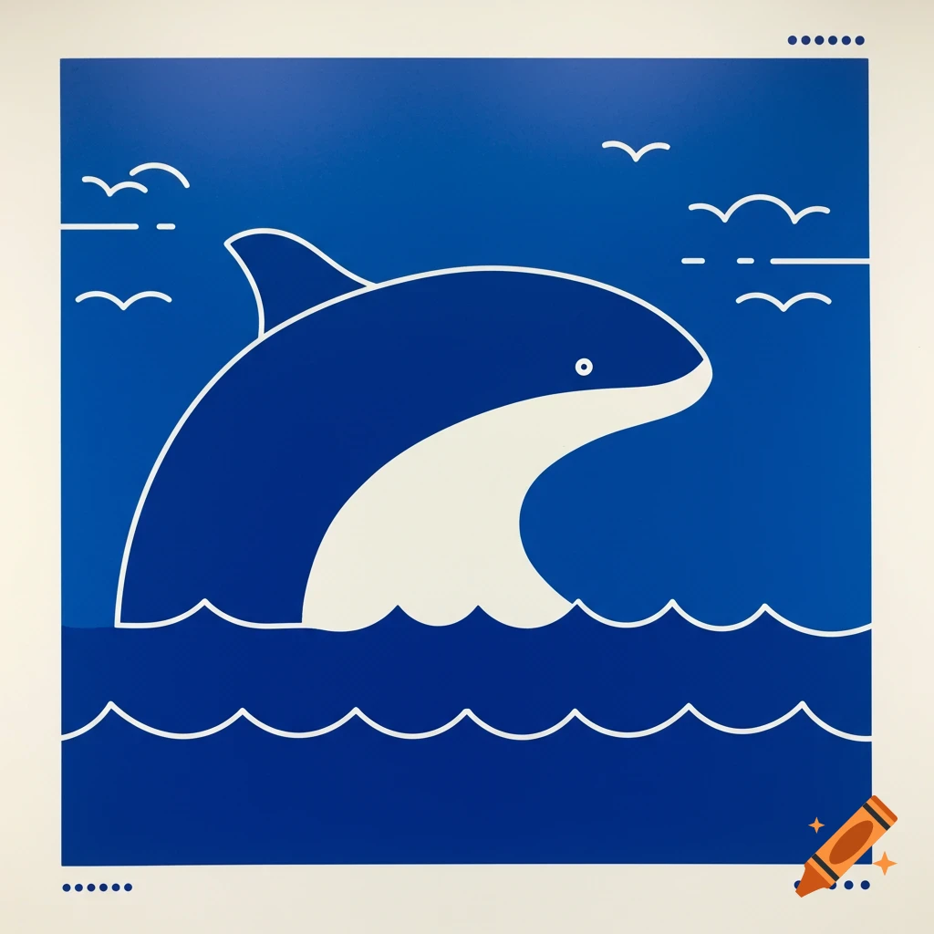 Minimalist blue and white pictogram of a dolphin emerging from ocean waves with birds flying in the sky.