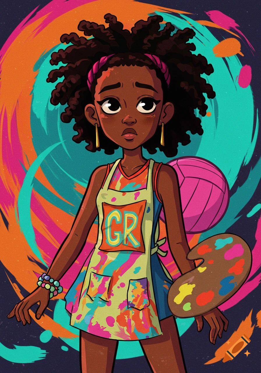 A cartoon girl with curly hair and a pensive expression, wearing a paint-splattered apron, holding an art palette, with a netball behind her, against a vibrant background.