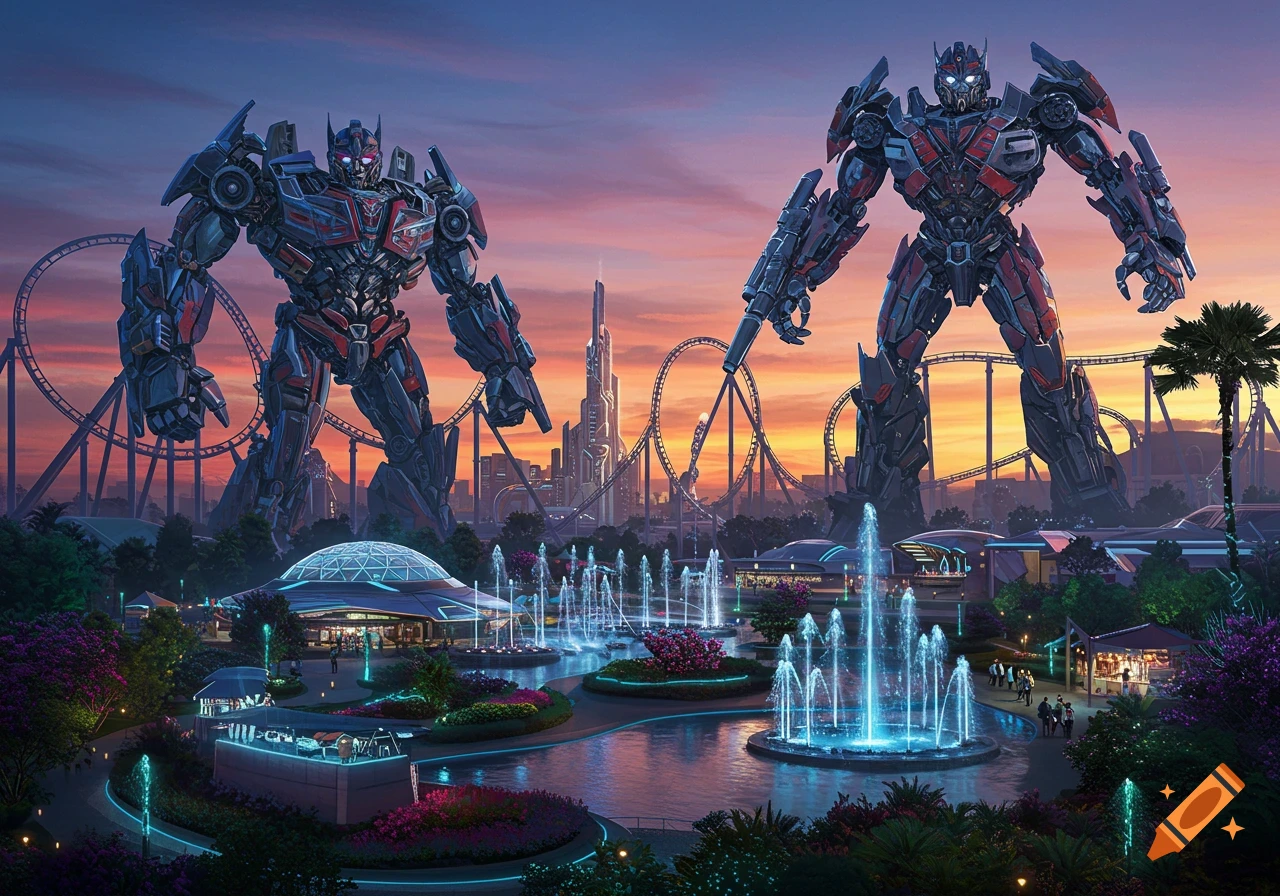Two large Transformers robots stand in a futuristic theme park with roller coasters, water fountains, and modern buildings at sunset.