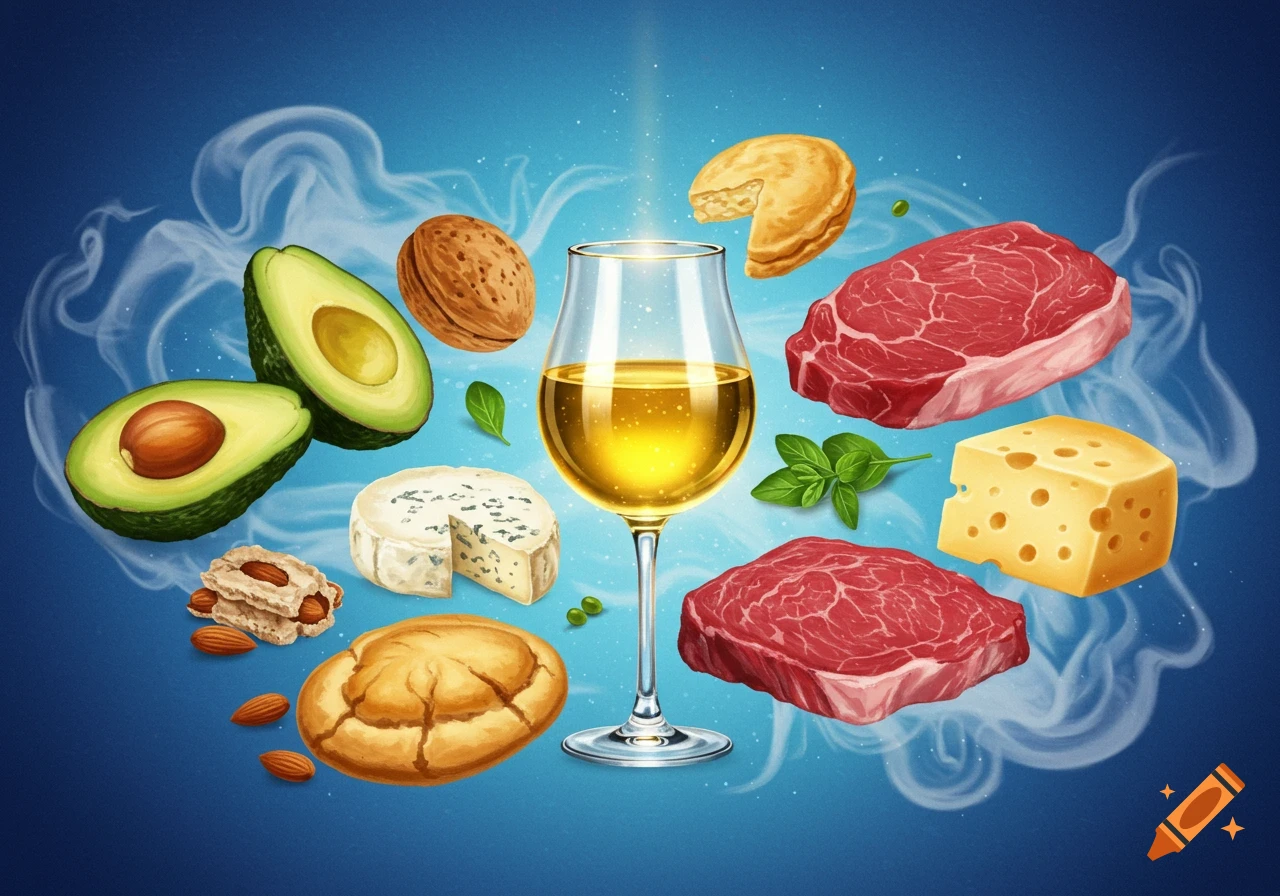 Stylized illustration of ketogenic diet foods (avocado, steak, cheese, nuts) and a glass of wine, on a blue background.