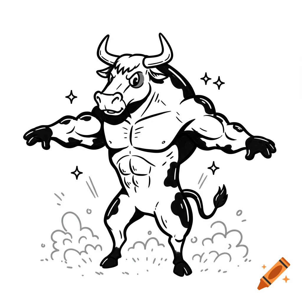 A muscular cartoon bull standing on two legs, in black and white with a few sparkles.