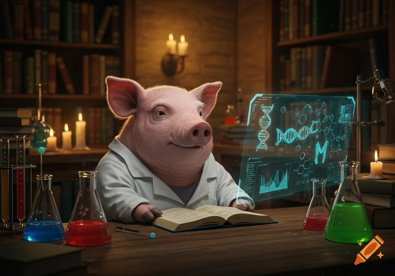 A photorealistic image of a pig in a lab coat, sitting at a wooden desk with beakers and an open book, looking at a holographic display showing DNA structures and scientific data.