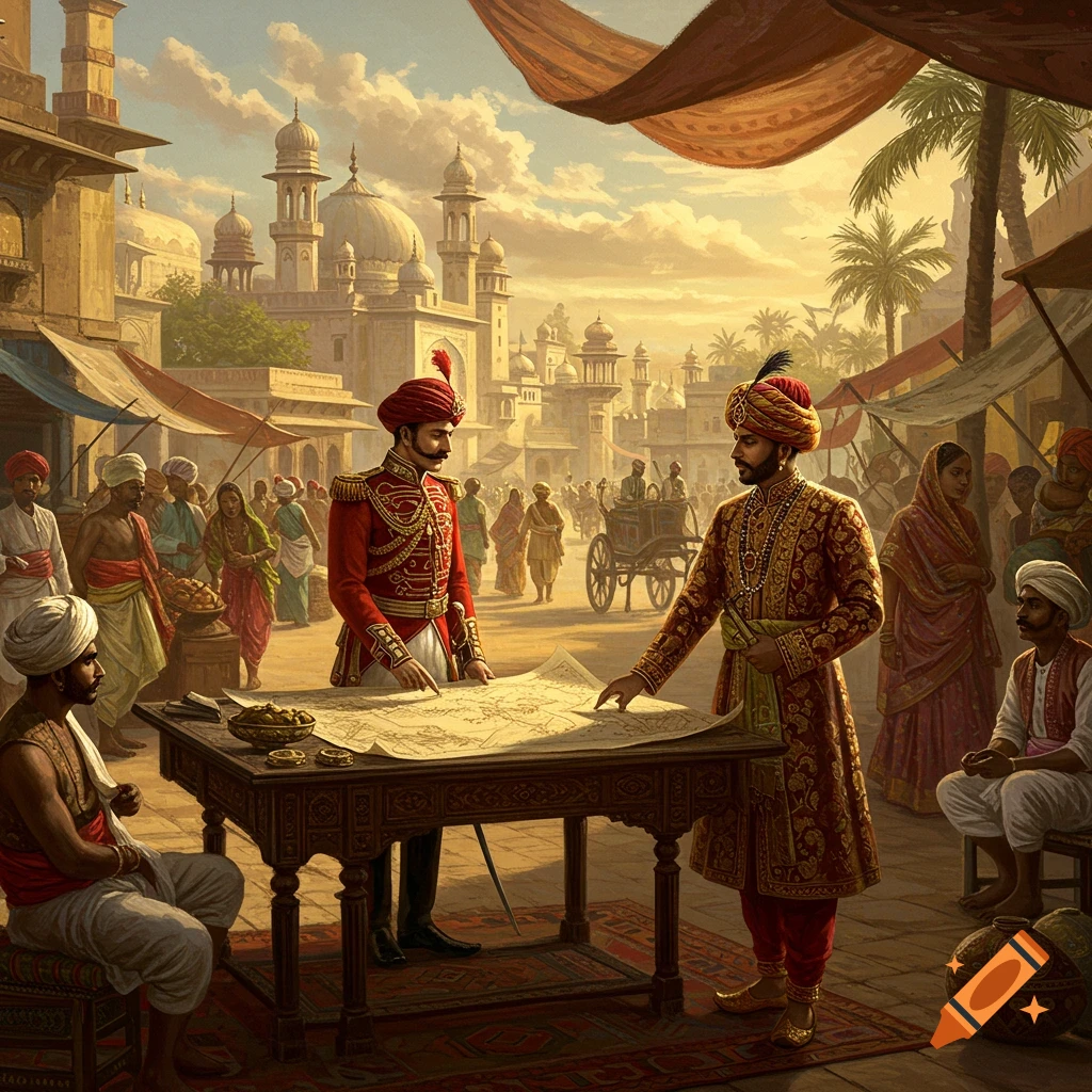 Two elegantly dressed men examine a map on a table in a bustling historical Indian market scene with domed buildings and palm trees.
