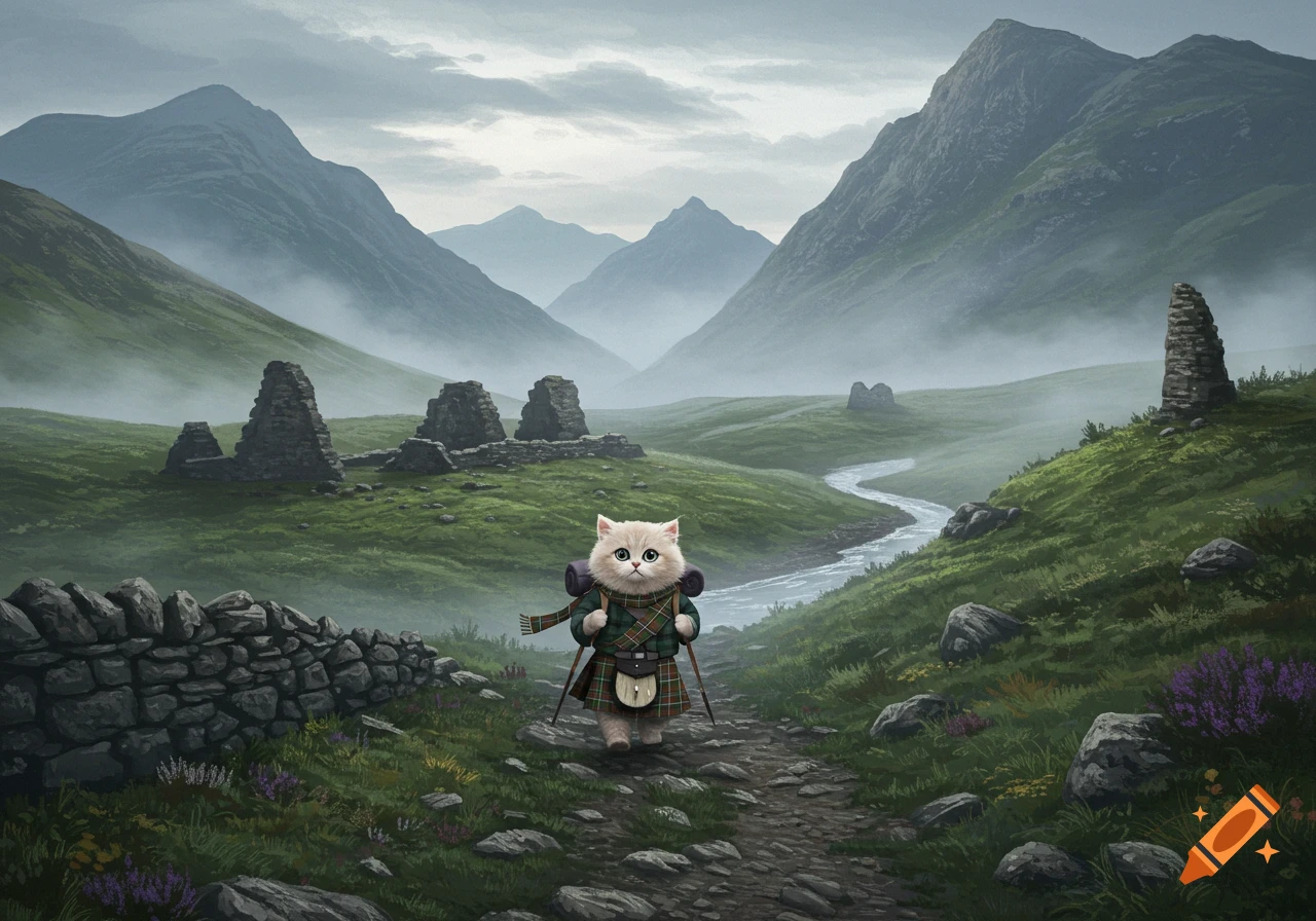 A cute, fluffy cat wearing a kilt and backpack hikes a rocky path through a misty, green Scottish mountain valley, with stone ruins and a winding river.