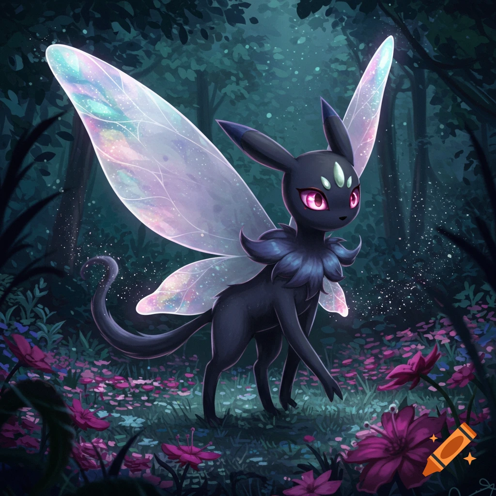 A dark, fairy-winged creature resembling Umbreon with glowing pink eyes stands in a mystical forest with glowing pink flowers.
