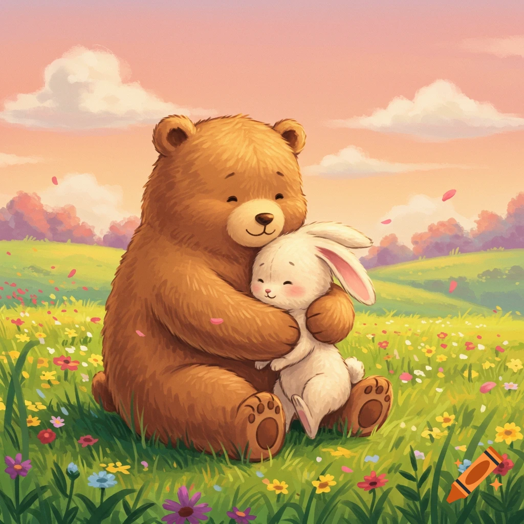 A cute cartoon bear hugs a small white rabbit in a vibrant, flower-filled meadow under a pastel sunset sky.