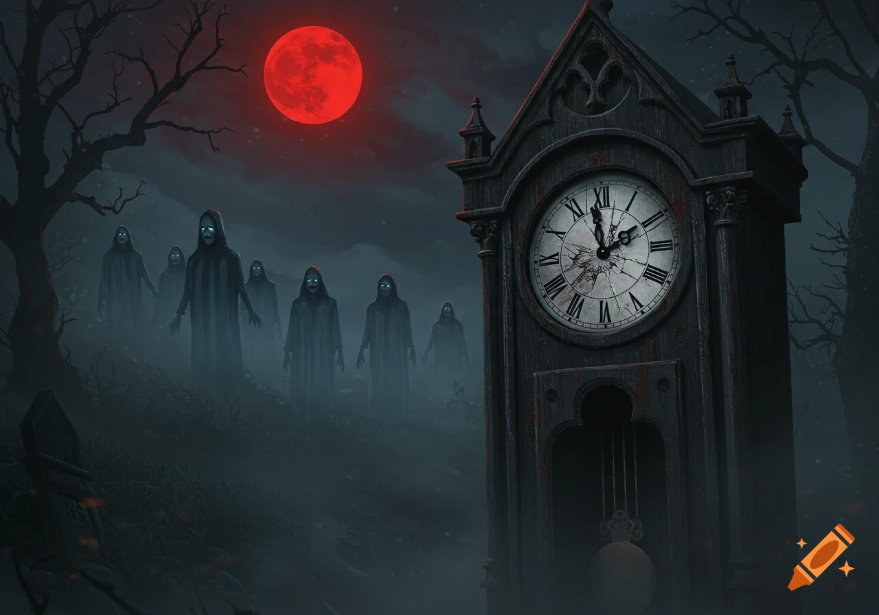 A cracked gothic grandfather clock in a misty graveyard under a blood moon, with ghostly figures approaching.