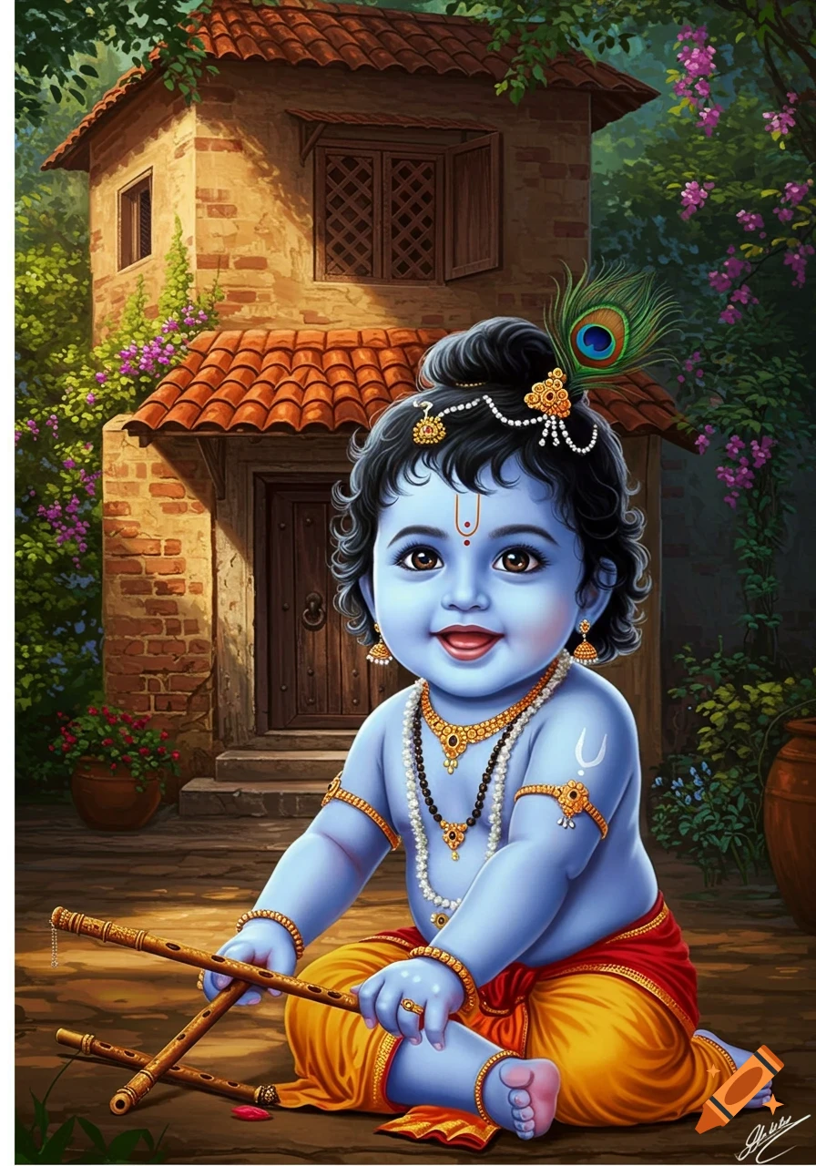 Stylized illustration of a cheerful blue-skinned baby Krishna holding flutes, seated in front of a rustic house with vines.
