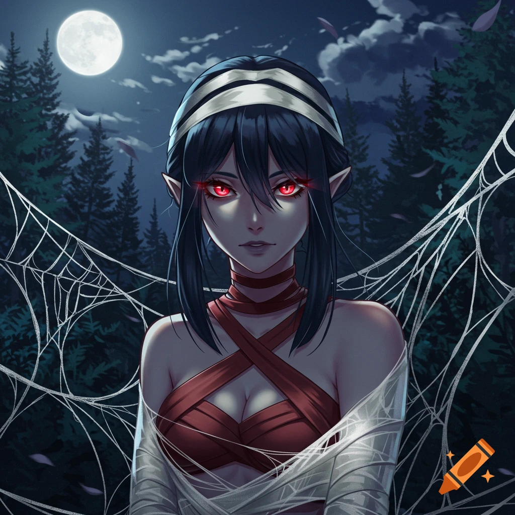 An anime-style female character with glowing red eyes and pointed ears, wearing a red top, partially wrapped in spider webs under a full moon in a dark forest.