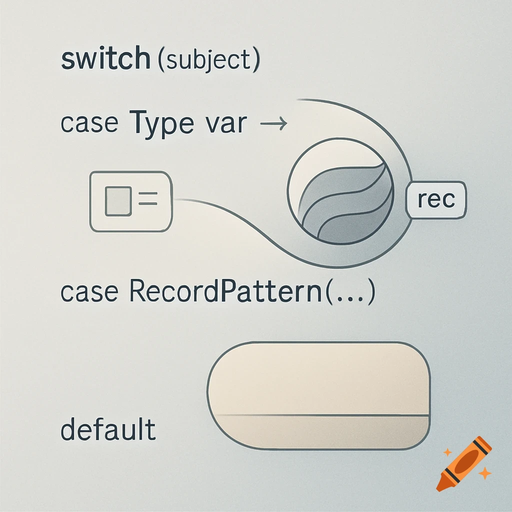 Minimalist diagram illustrating Java pattern matching switch cases for Type var, RecordPattern, and default.