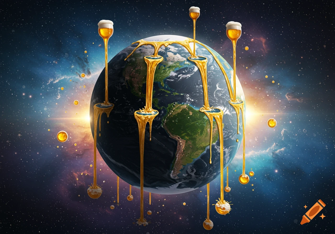 A stylized Earth in deep space, with golden beer dripping from its surface and large beer glasses floating above.