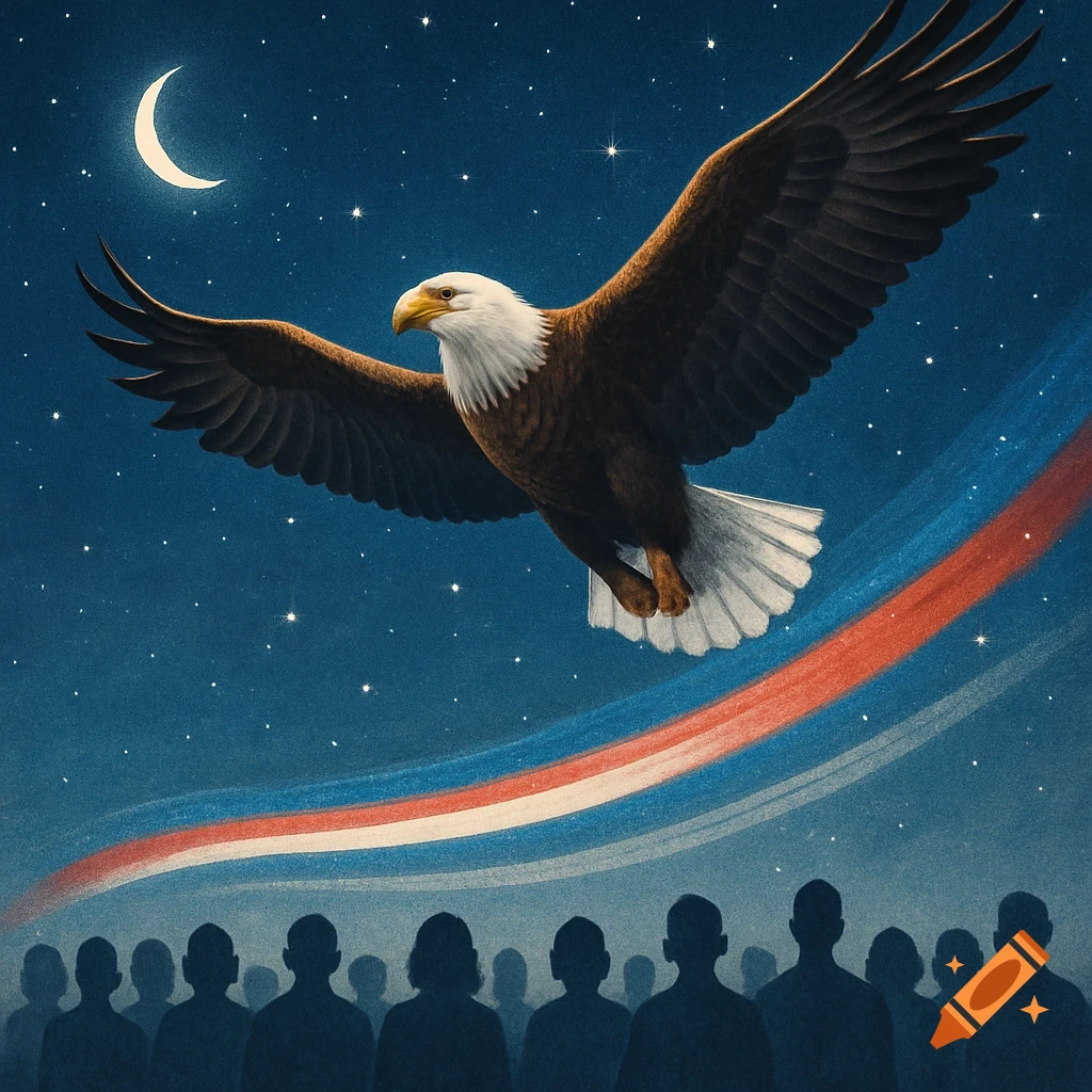 A majestic bald eagle soars under a crescent moon and starry night sky, above a silhouetted crowd and a red, white, and blue streak.