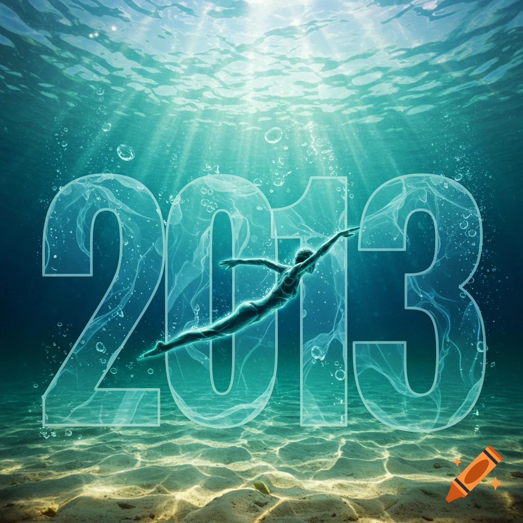 A swimmer gracefully glides underwater amidst sunlit rays, with large, translucent numbers "2013" below, and sand on the seabed.