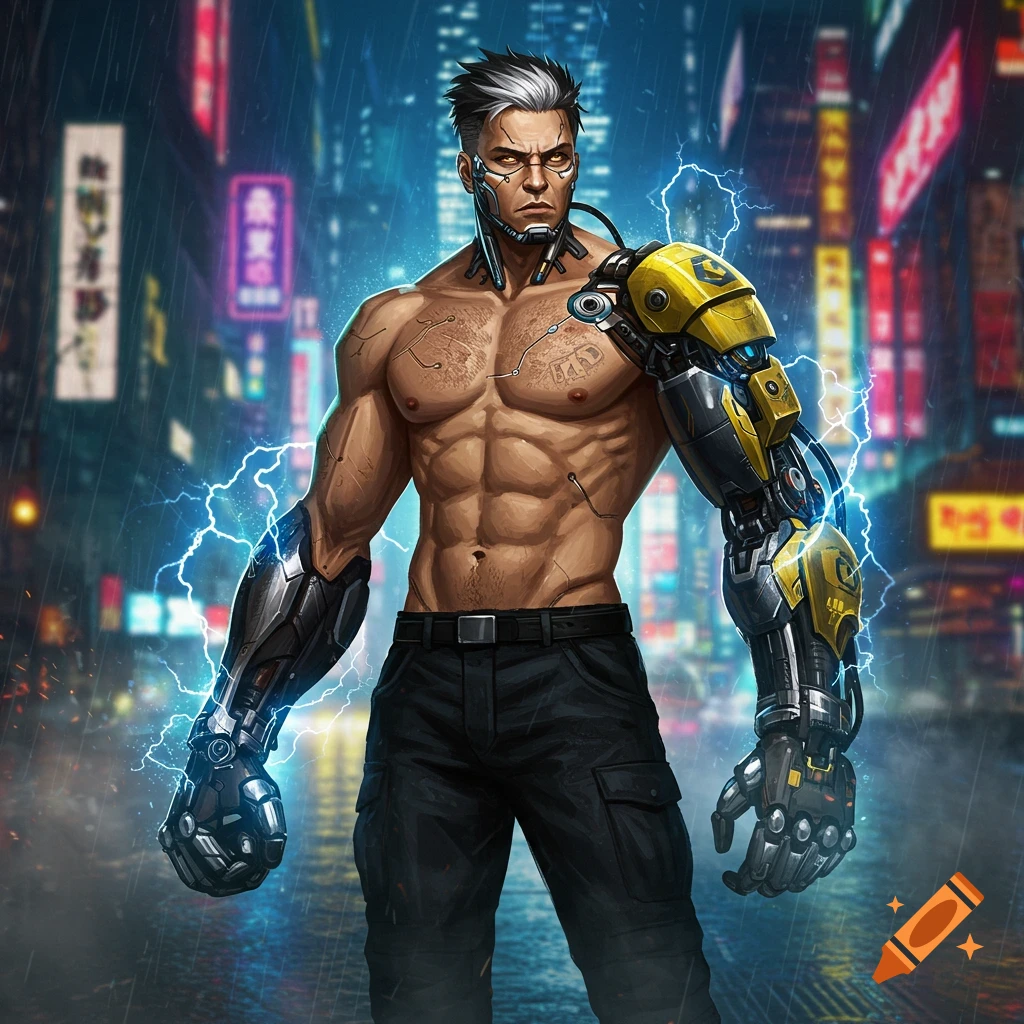 An anime-style cyborg man with a muscular torso and cybernetic arms stands in a rainy, neon-lit cyberpunk city street, surrounded by electric blue energy.