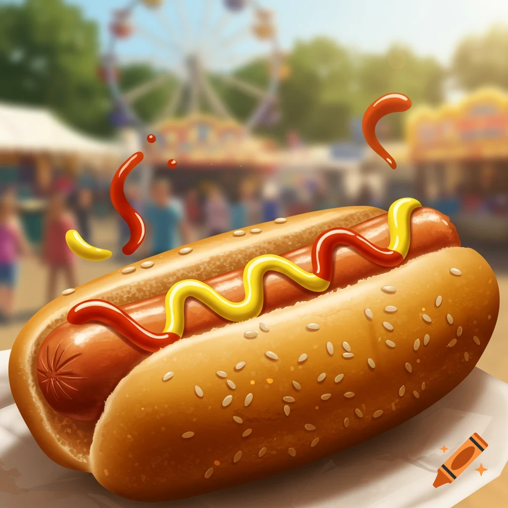 Stylized illustration of a hotdog with ketchup and mustard, with a blurred fairground in the background.