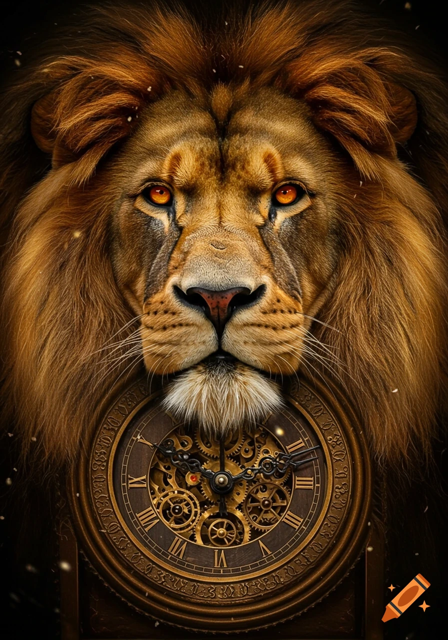 Close-up of a majestic lion's face with glowing eyes, its mane framing an intricate antique clock with visible gears.