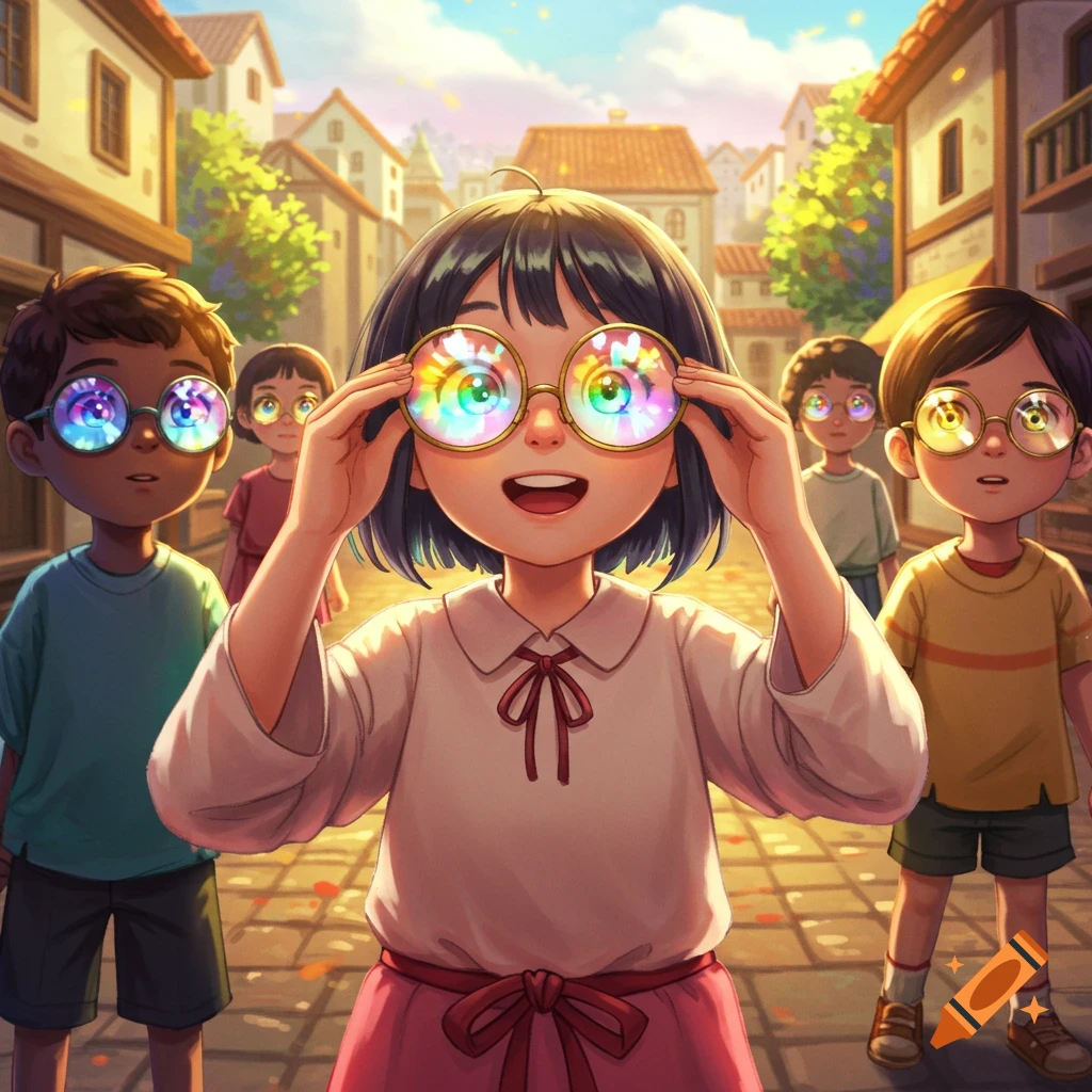 A happy anime girl in rainbow glasses smiles on a sunny street, surrounded by other children also wearing magical glasses.