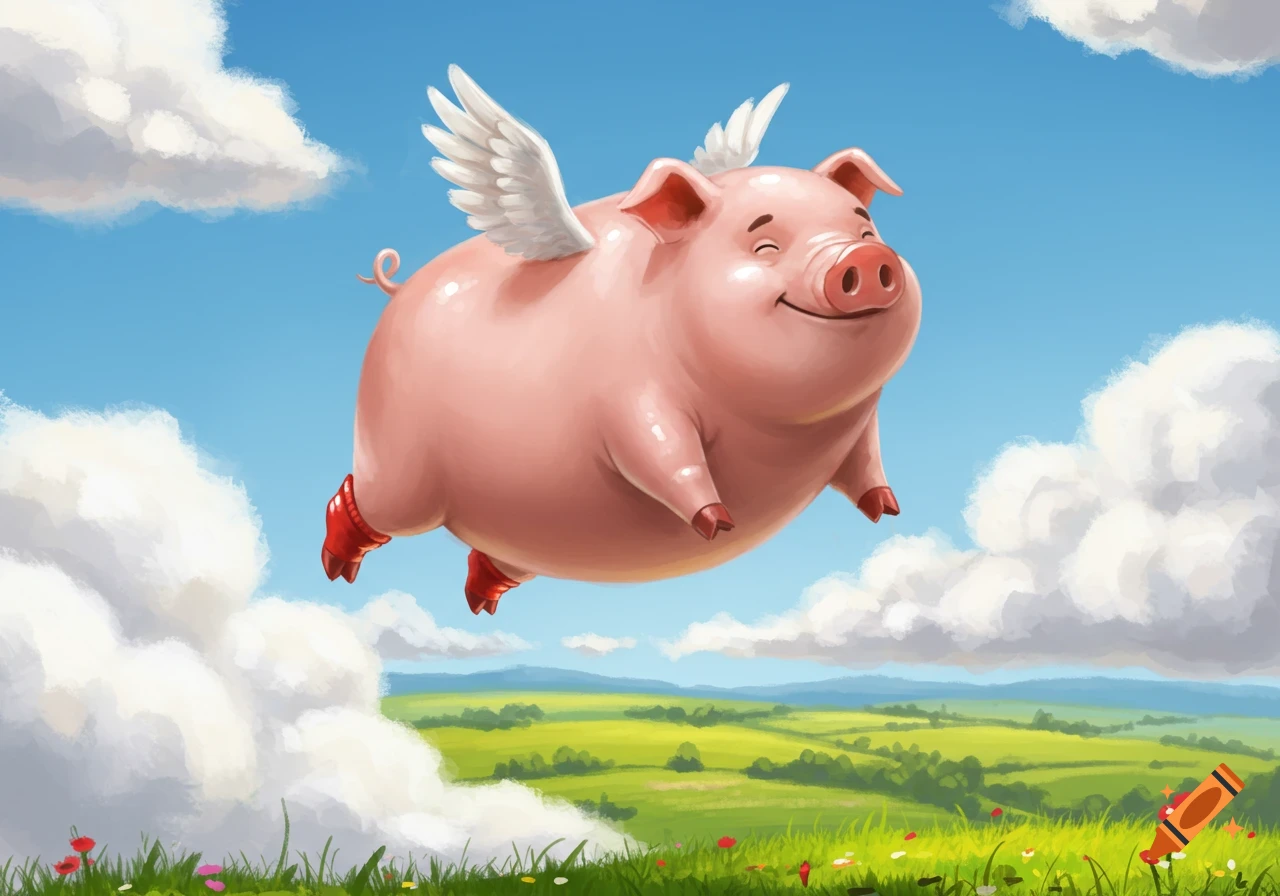 A happy pink cartoon pig with white wings and red socks flies joyfully in a blue sky above a green field.