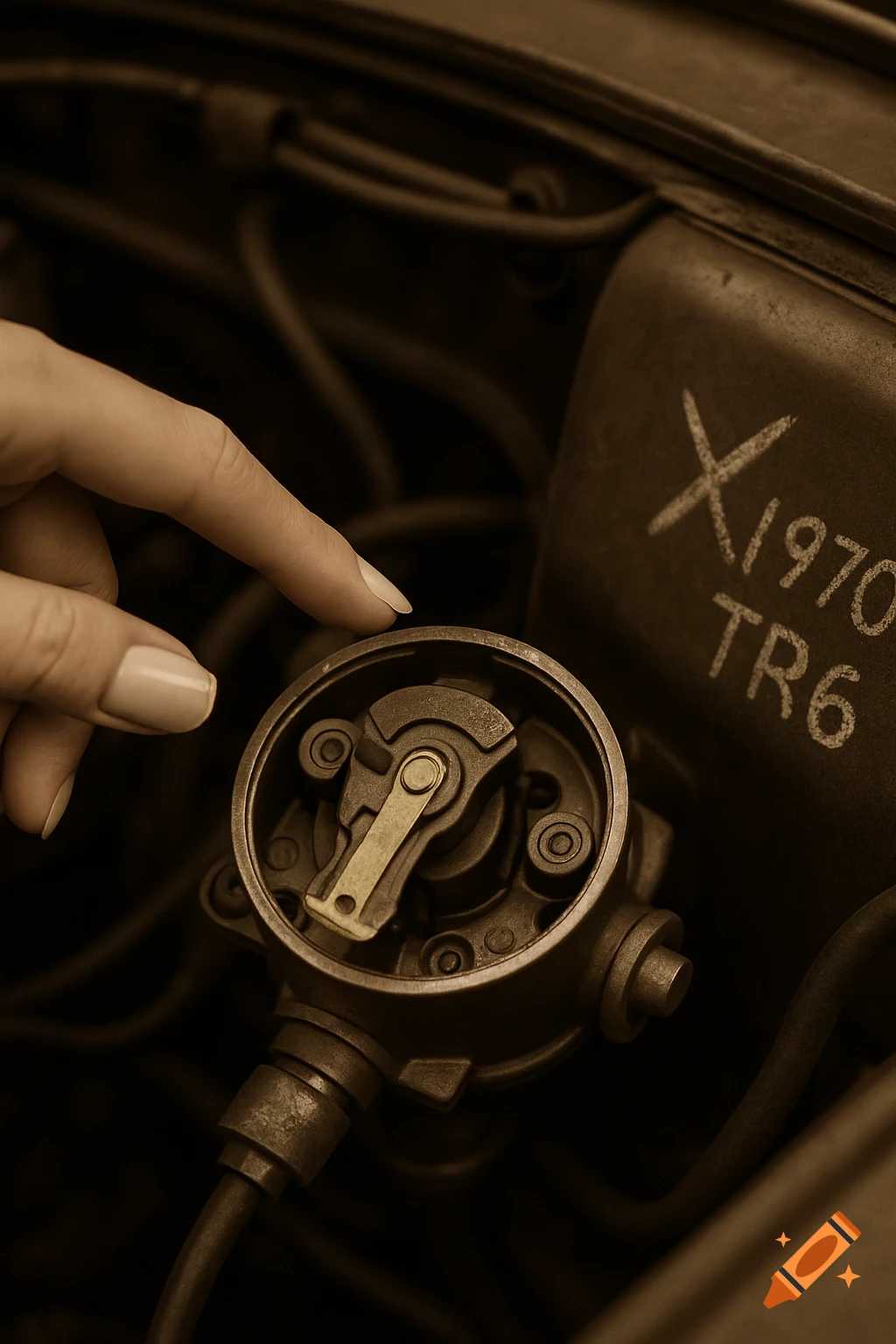 Sepia-toned close-up of a hand pointing at an open car engine's distributor cap, with "X 1970 TR6" marked on the housing.