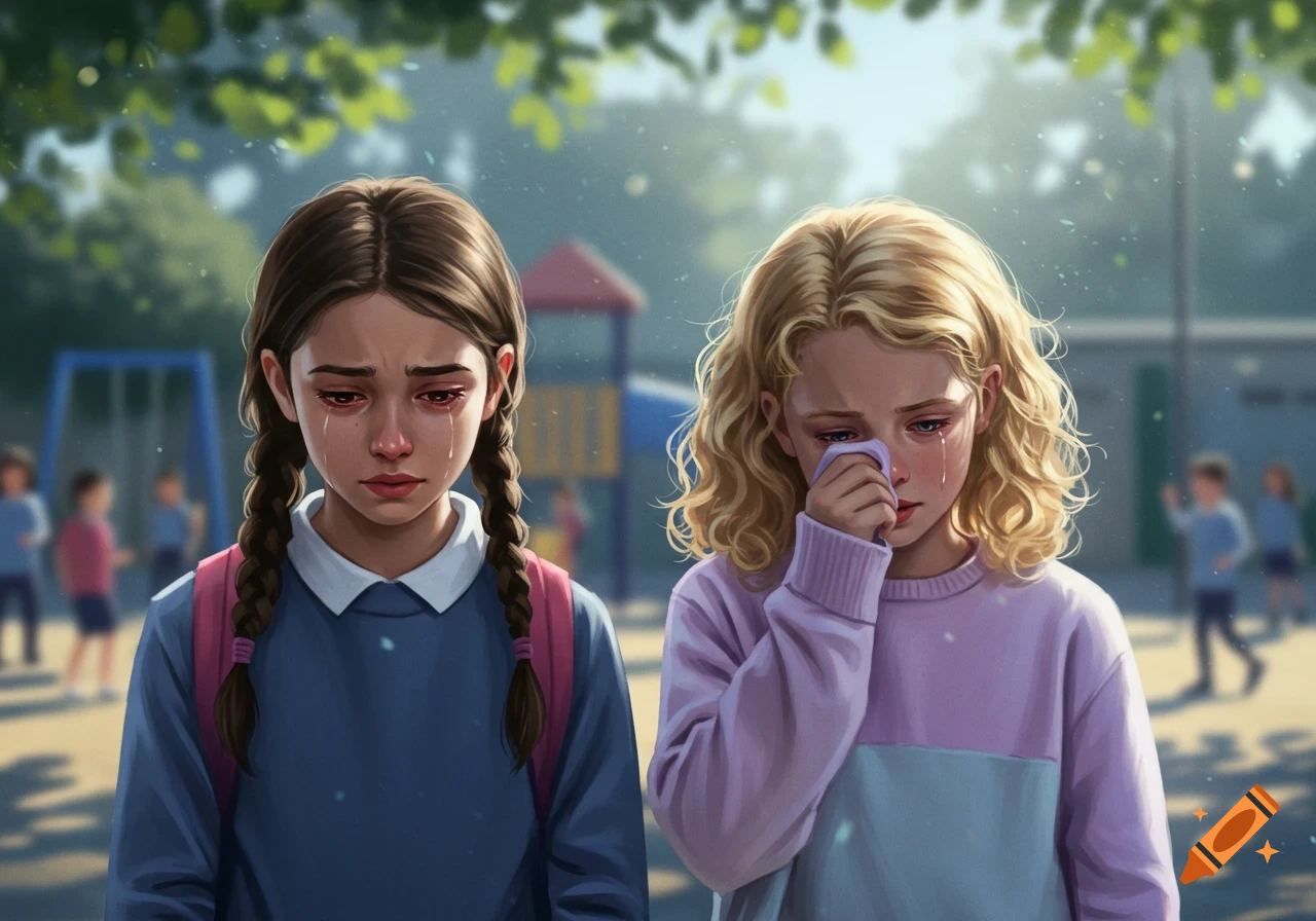 Two sad young girls, one blonde and one brunette, crying in a school playground, digital illustration.
