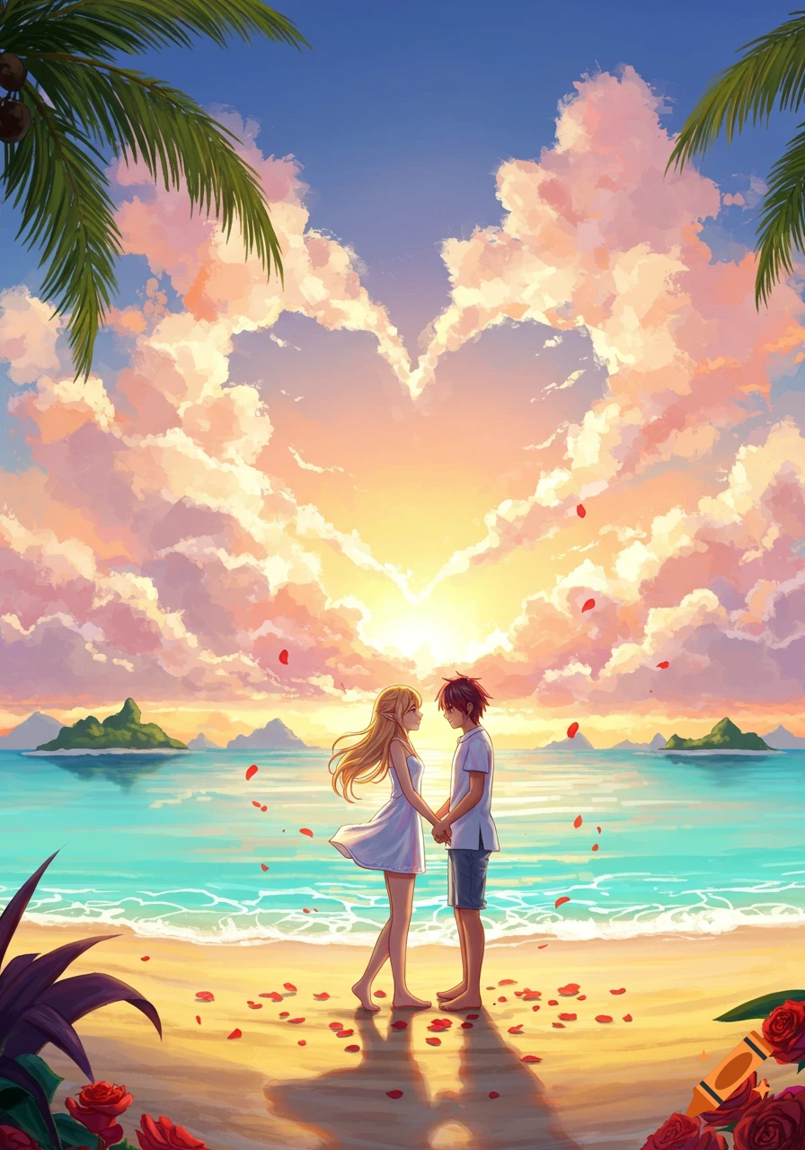 Anime couple holding hands on a tropical beach at sunset with a heart-shaped cloud in the sky and rose petals.