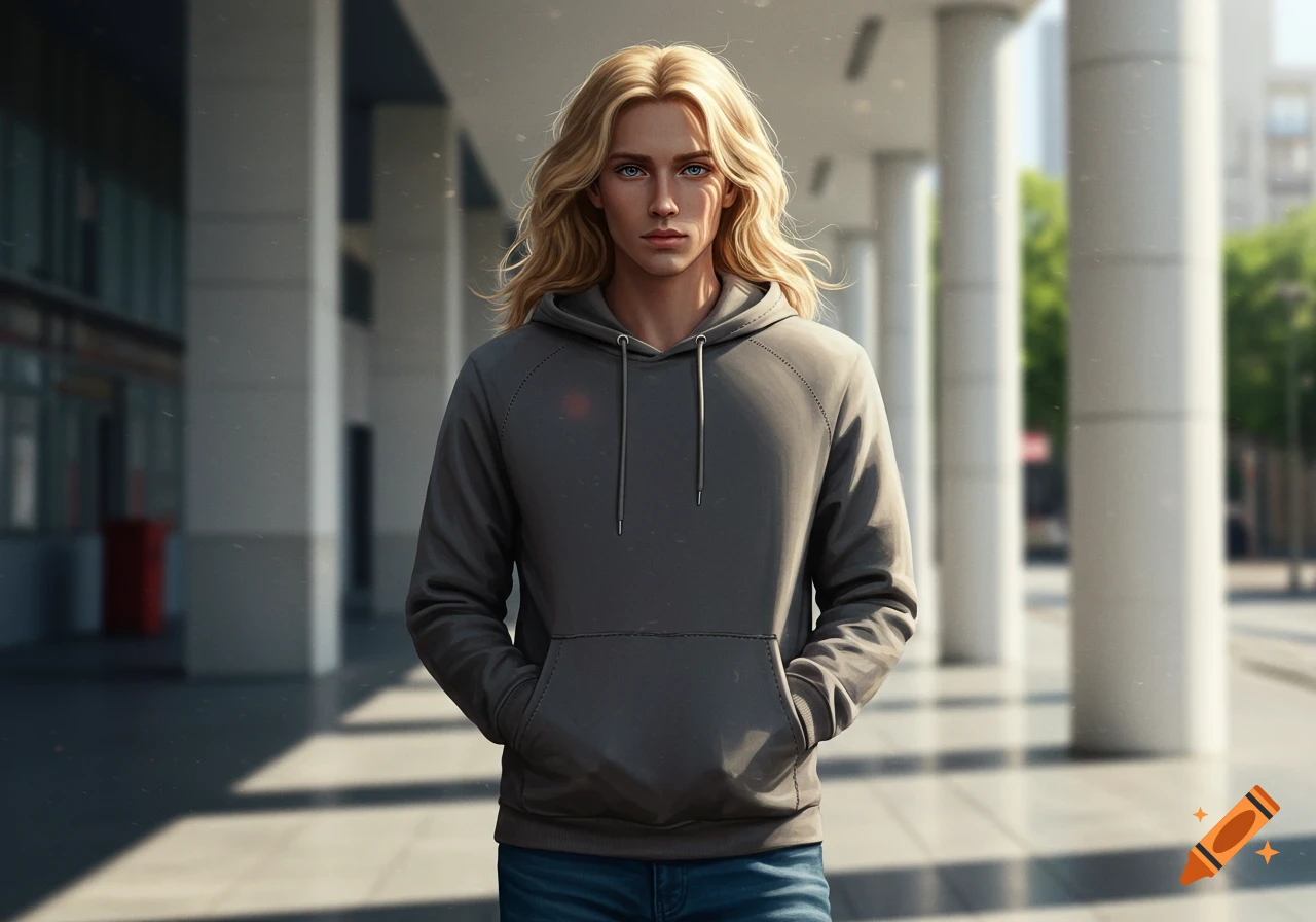 Photorealistic portrait of a young person with long blonde hair and blue eyes, wearing a grey hoodie and blue jeans, standing outdoors.