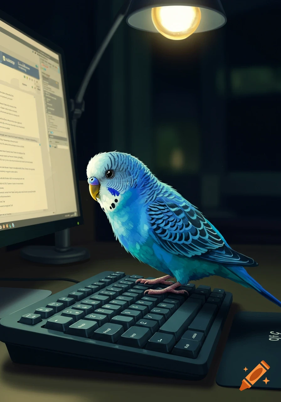 A vibrant blue budgie stands on a dark keyboard in front of a computer monitor, illuminated by a desk lamp. The bird looks towards the viewer.