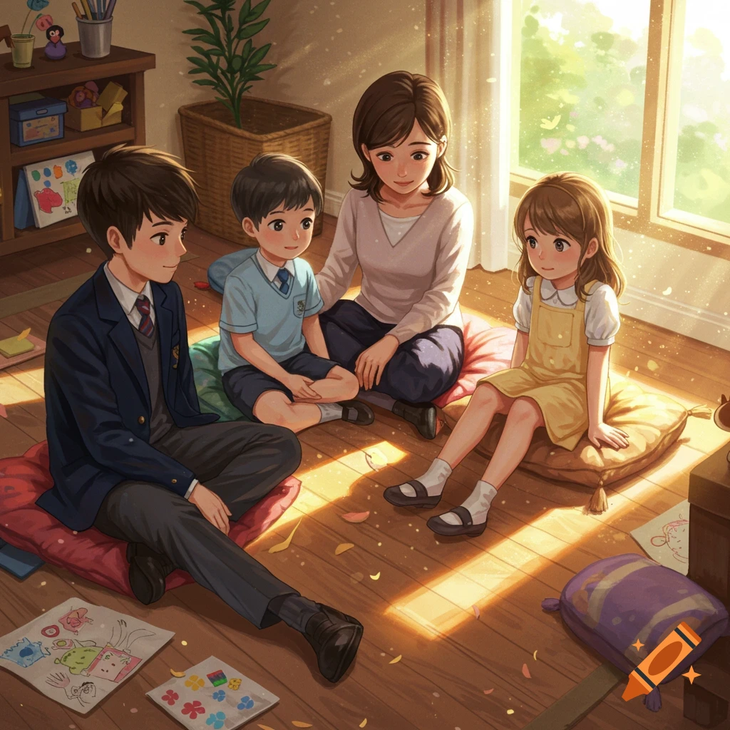 A mother and three children sit on cushions on a sunlit wooden floor with drawings, in an anime illustration style.