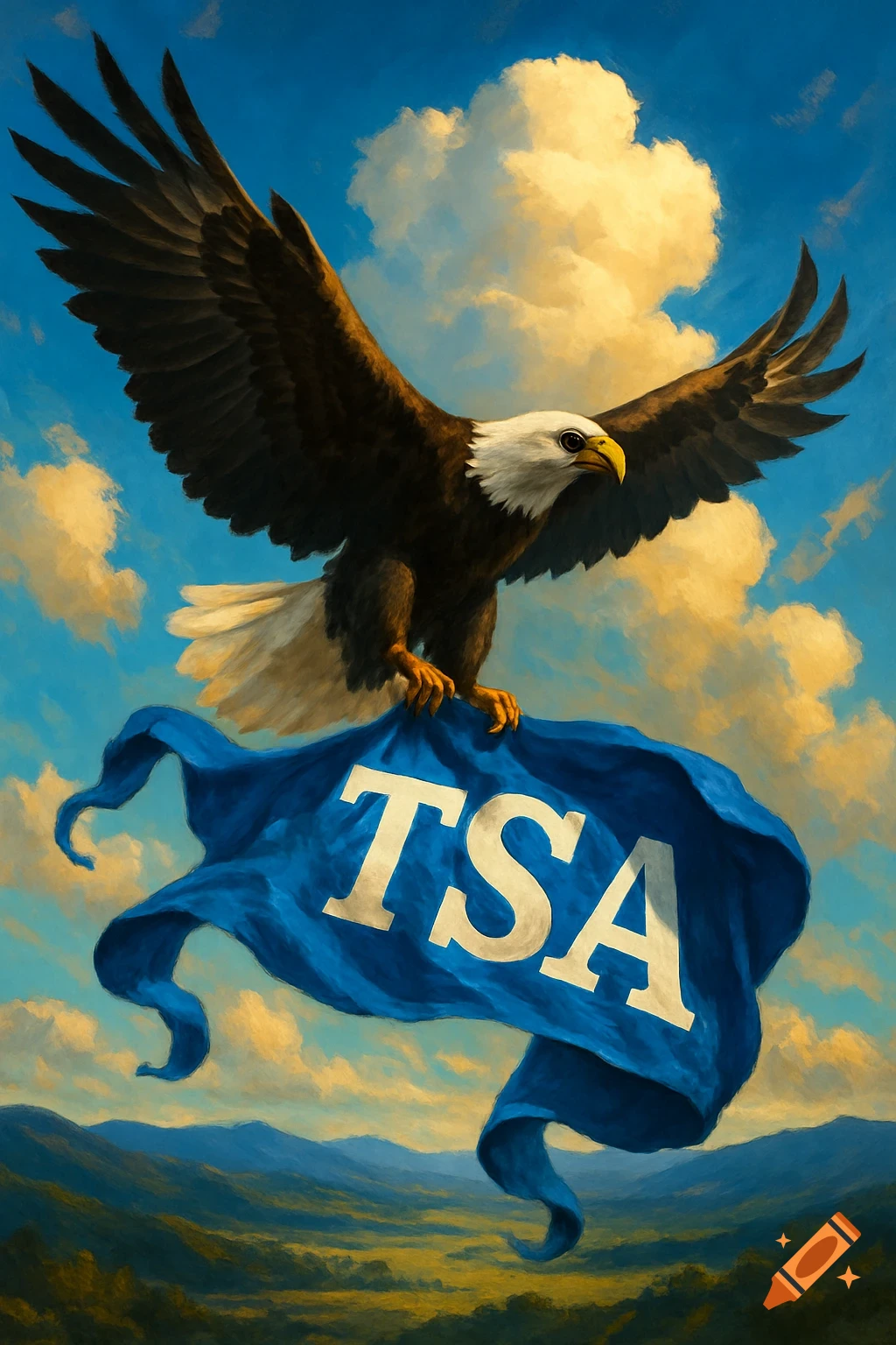 A majestic bald eagle soars through a blue sky with golden clouds, clutching a blue banner that reads 'TSA' above a green, mountainous landscape in a painted style.
