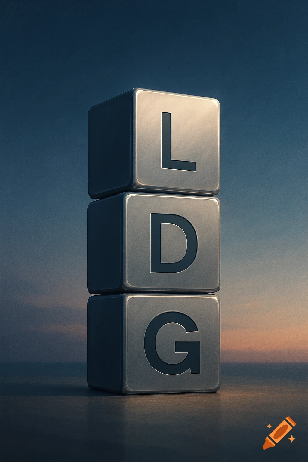 Three metallic cubes stacked vertically, displaying letters L, D, G against a blurred gradient sky.