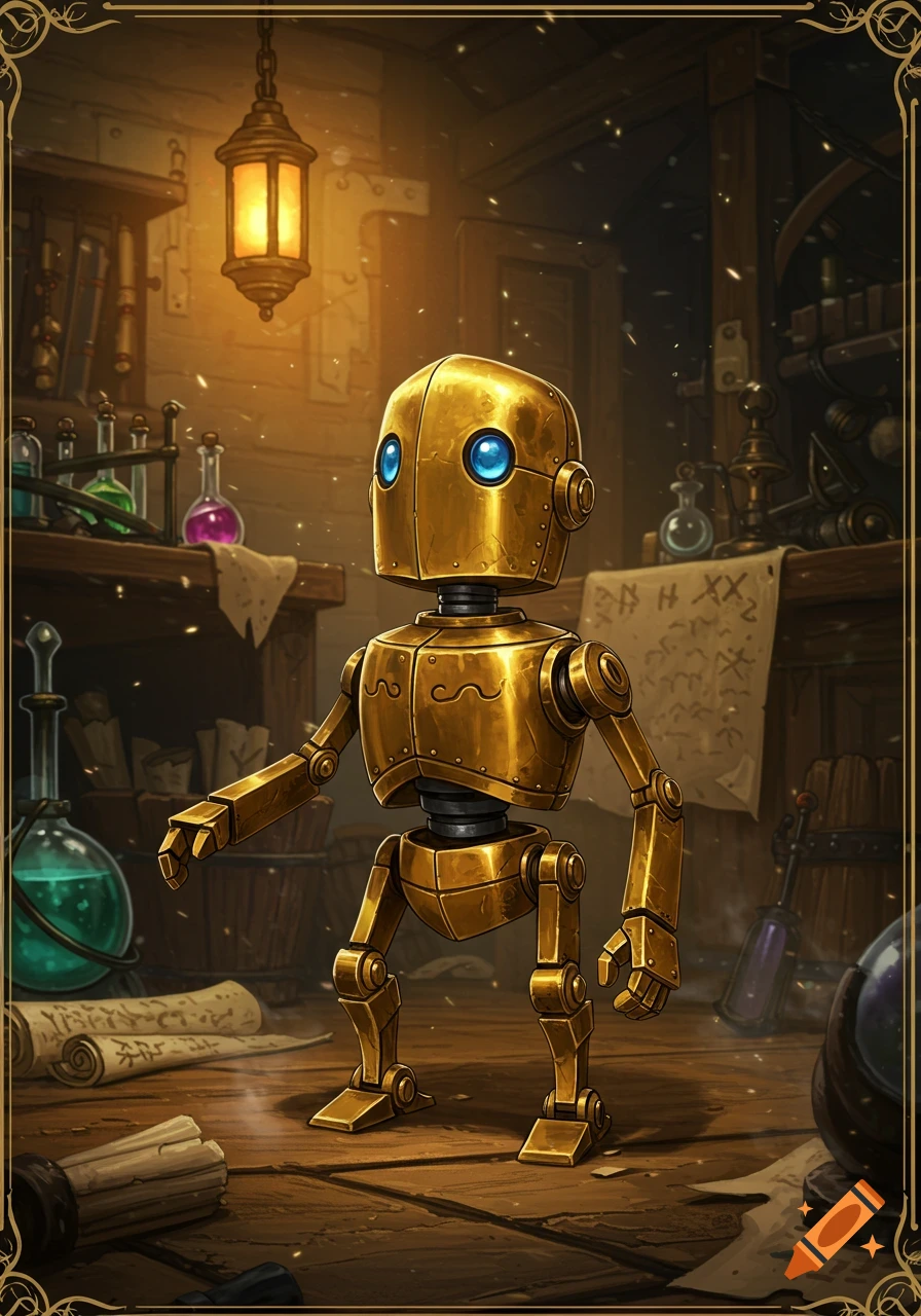 A small, detailed brass automaton with blue eyes stands in a dimly lit alchemist's workshop, surrounded by vials and scrolls.