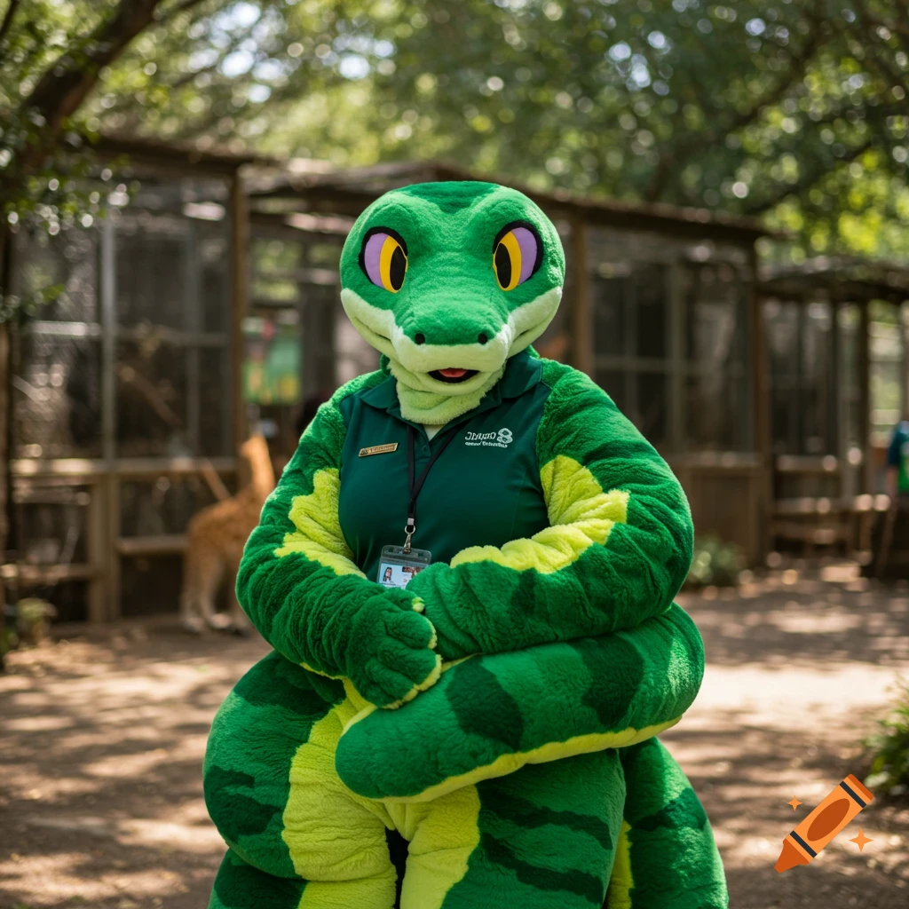 A person in a green and yellow snake fursuit wears a dark green polo shirt and ID badge, standing at a zoo.