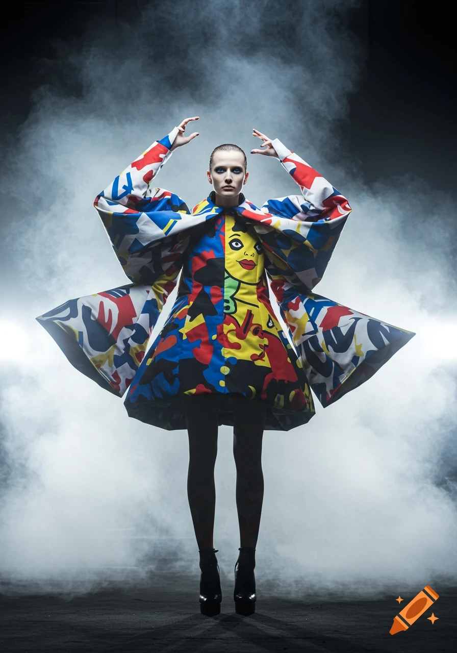 A model in an avant-garde, graphic, pop-art style dress with oversized sleeves, standing in a smoky, dramatic setting.