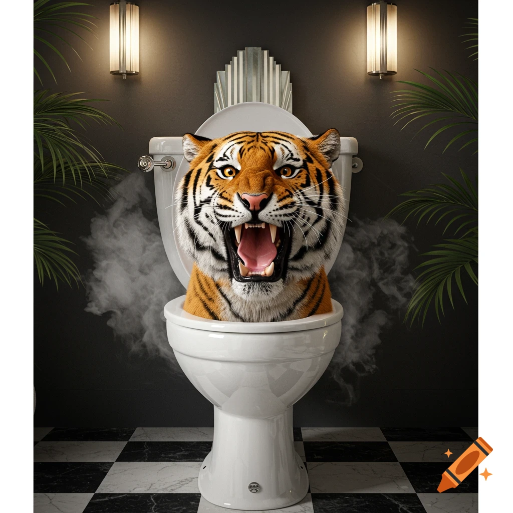 A roaring tiger's head emerges from a toilet, surrounded by smoke, in a stylish bathroom with dark walls and a checkered floor.