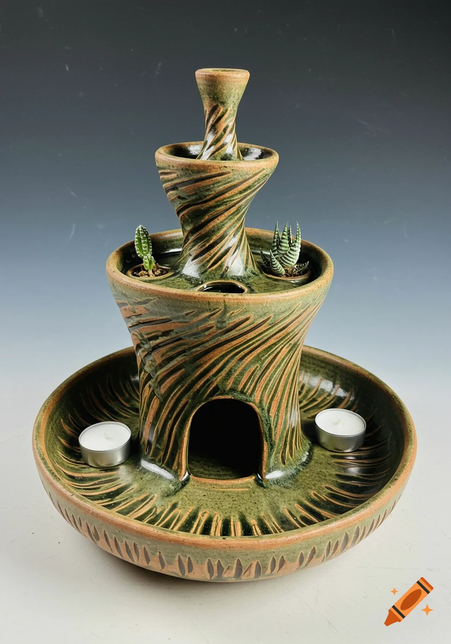 A unique, two-level green and brown textured ceramic centerpiece with spiral patterns, succulents, and two tea light candles.