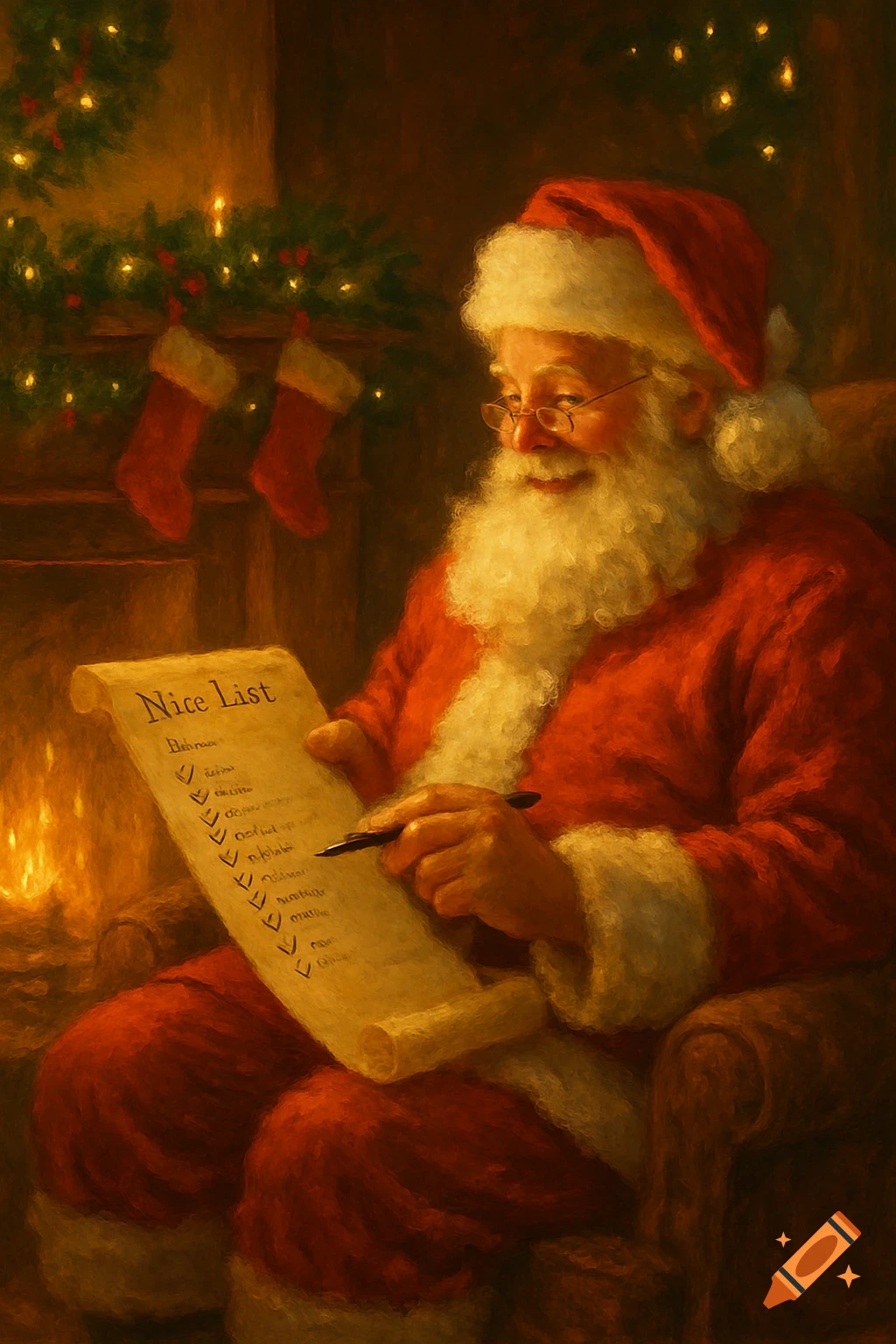 Digital painting of Santa Claus in a red suit and hat, wearing glasses, sitting in a chair by a fireplace and writing on a scroll labeled "Nice List".