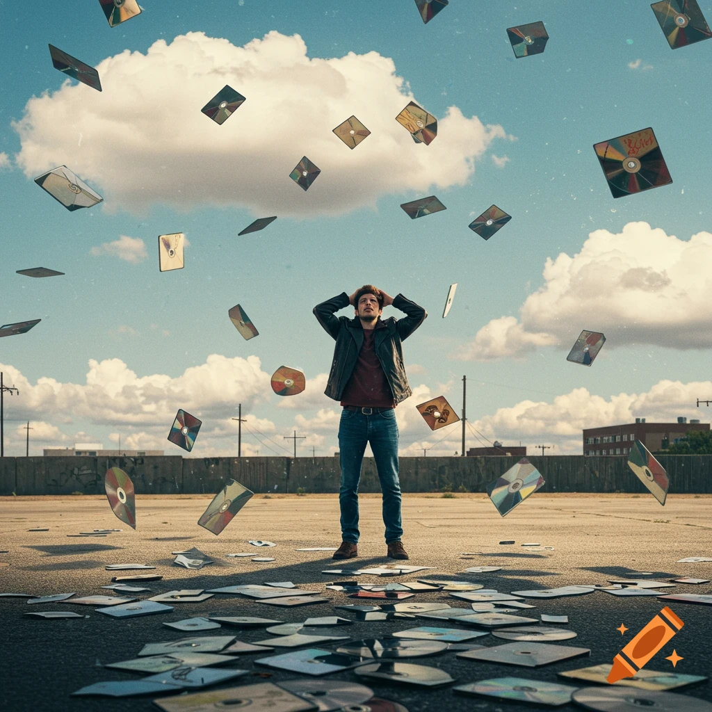 Distressed man in an empty lot with compact discs raining from the sky and scattered on the ground.