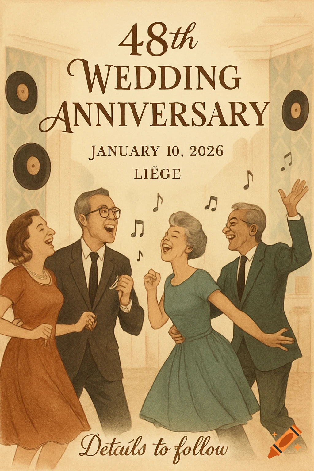Vintage illustration of two happy couples in 60s attire singing and dancing at a 48th wedding anniversary party.