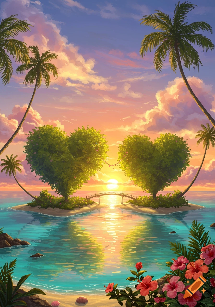 Vibrant tropical sunset illustration with two heart-shaped trees on islands connected by a bridge, palm trees, and flowers.