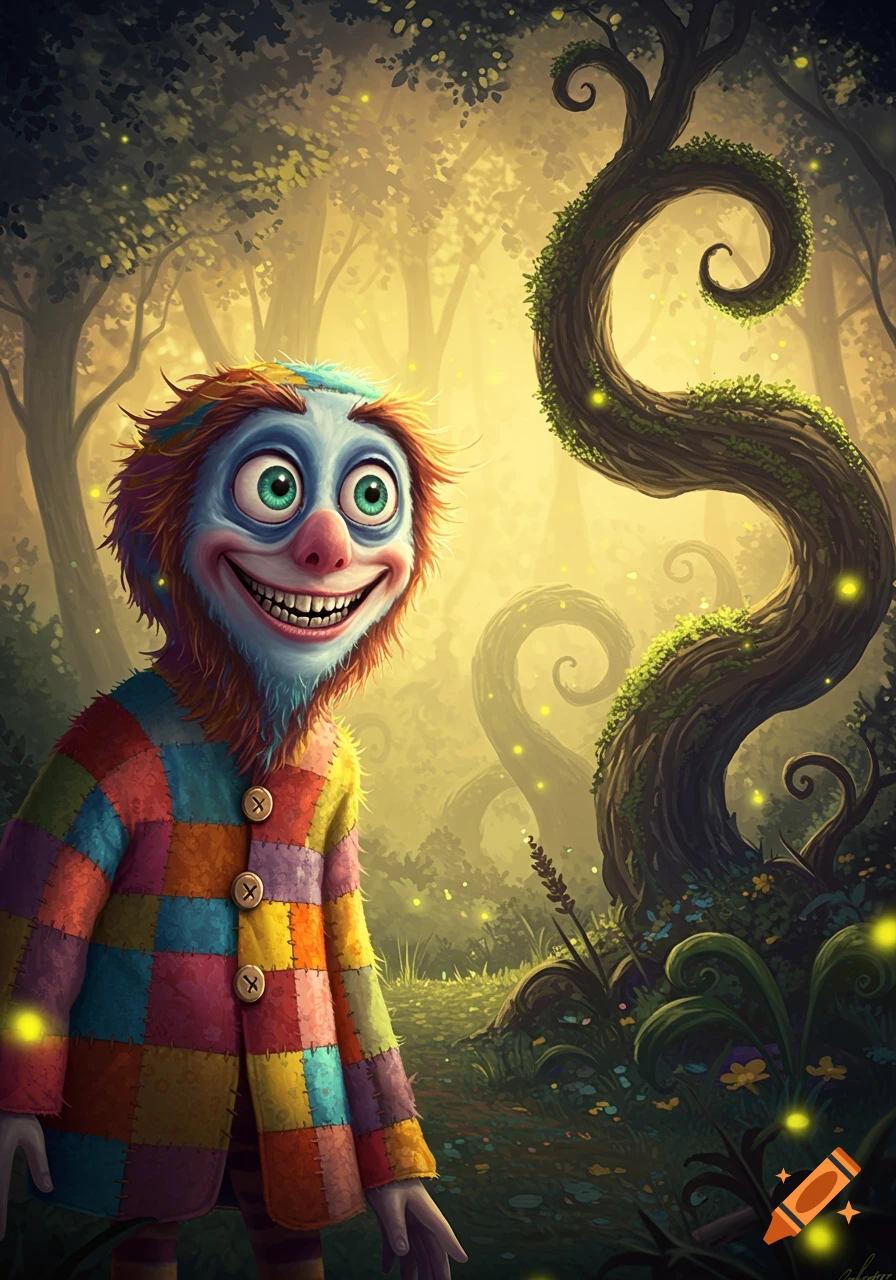A wide-eyed, blue-faced monster with a patchwork coat stands smiling in a glowing, mystical forest.