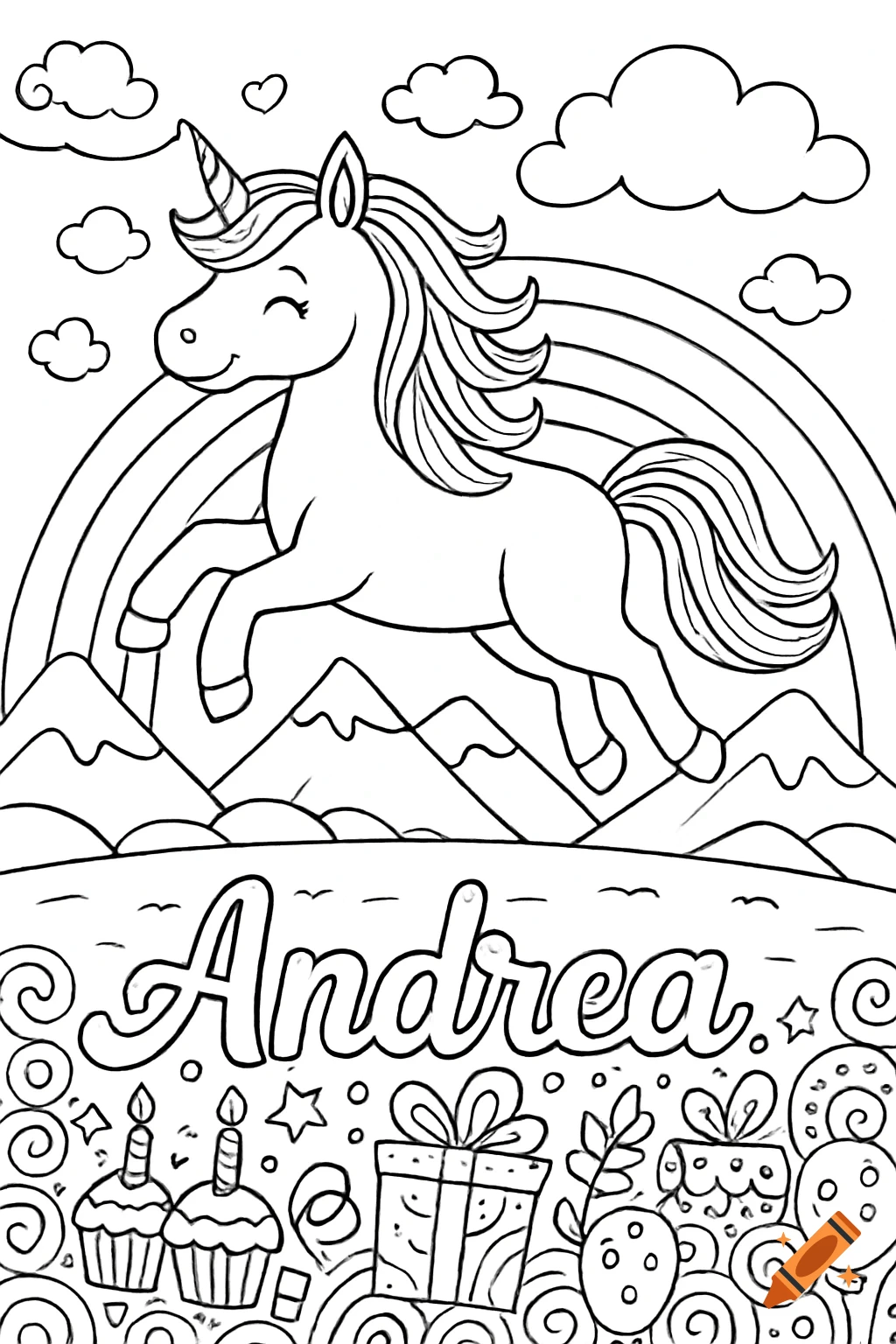 Line art coloring page featuring a unicorn jumping over mountains with a rainbow, clouds, and birthday elements, including the name 'Andrea'.