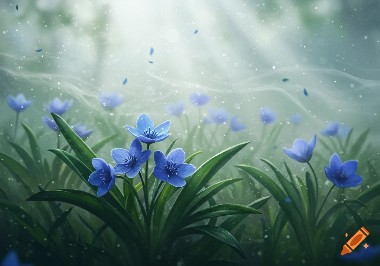 Close-up of vibrant blue flowers with long green leaves in a misty forest, illuminated by soft light.