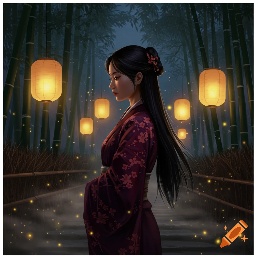 Digital art of a woman in a kimono standing on a bridge in a bamboo forest at night, lit by glowing lanterns.