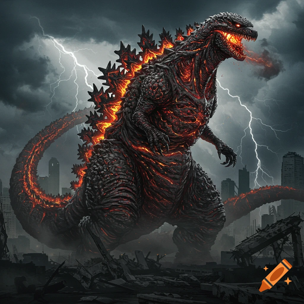 A powerful, molten Godzilla stands roaring in a destroyed city under a stormy sky with lightning.