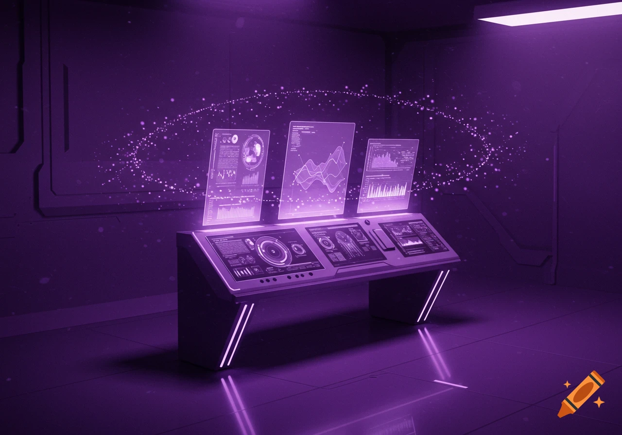 A futuristic purple-lit control panel with multiple holographic screens displaying data and charts, surrounded by glowing particles.