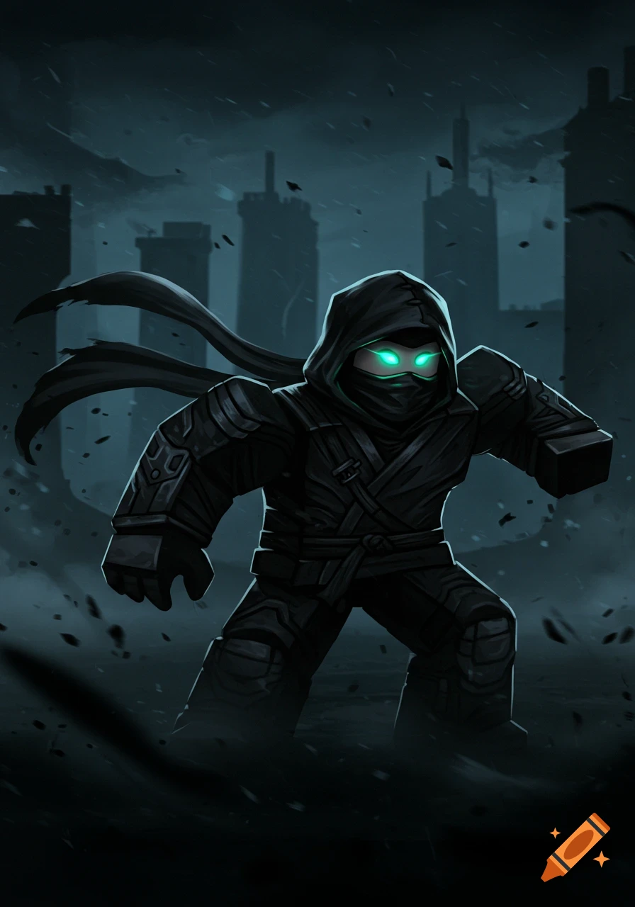 A stylized Roblox ninja in dark, armored attire with glowing green eyes stands in a stormy, dystopian city, particles swirling around.