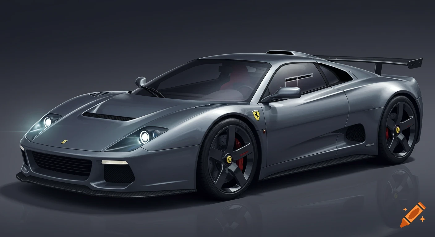 A sleek, gray Italian-style supercar with modern design cues and classic influences, showcasing integrated headlights, a roof scoop, and a rear spoiler, against a dark background.