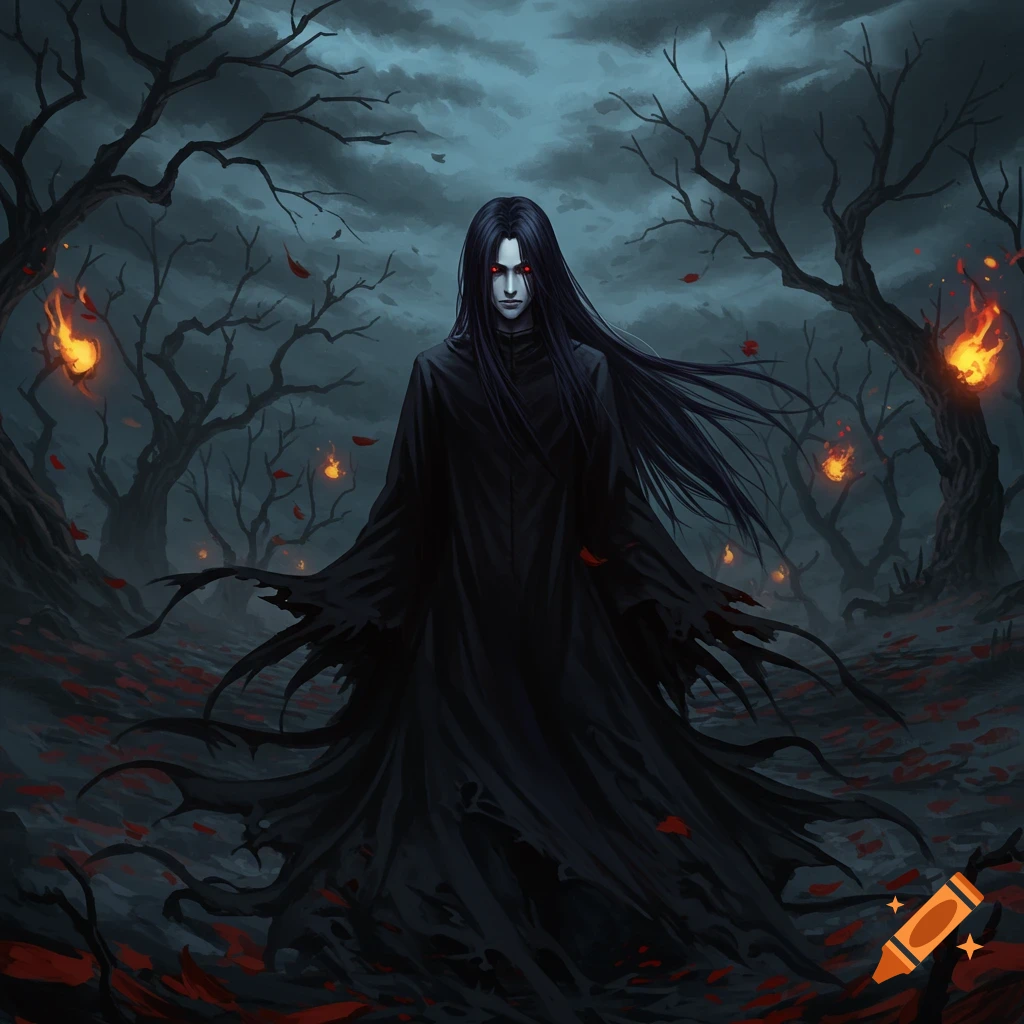 An anime-style character with long black hair and red eyes in a dark, tattered cloak stands in a spooky forest with burning orbs.
