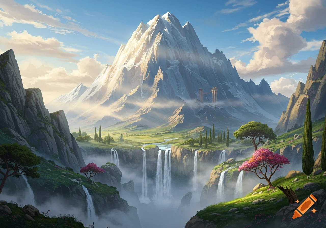 A majestic, snow-capped mountain towers over lush green valleys with cascading waterfalls and ancient Greek ruins, under a bright blue sky.